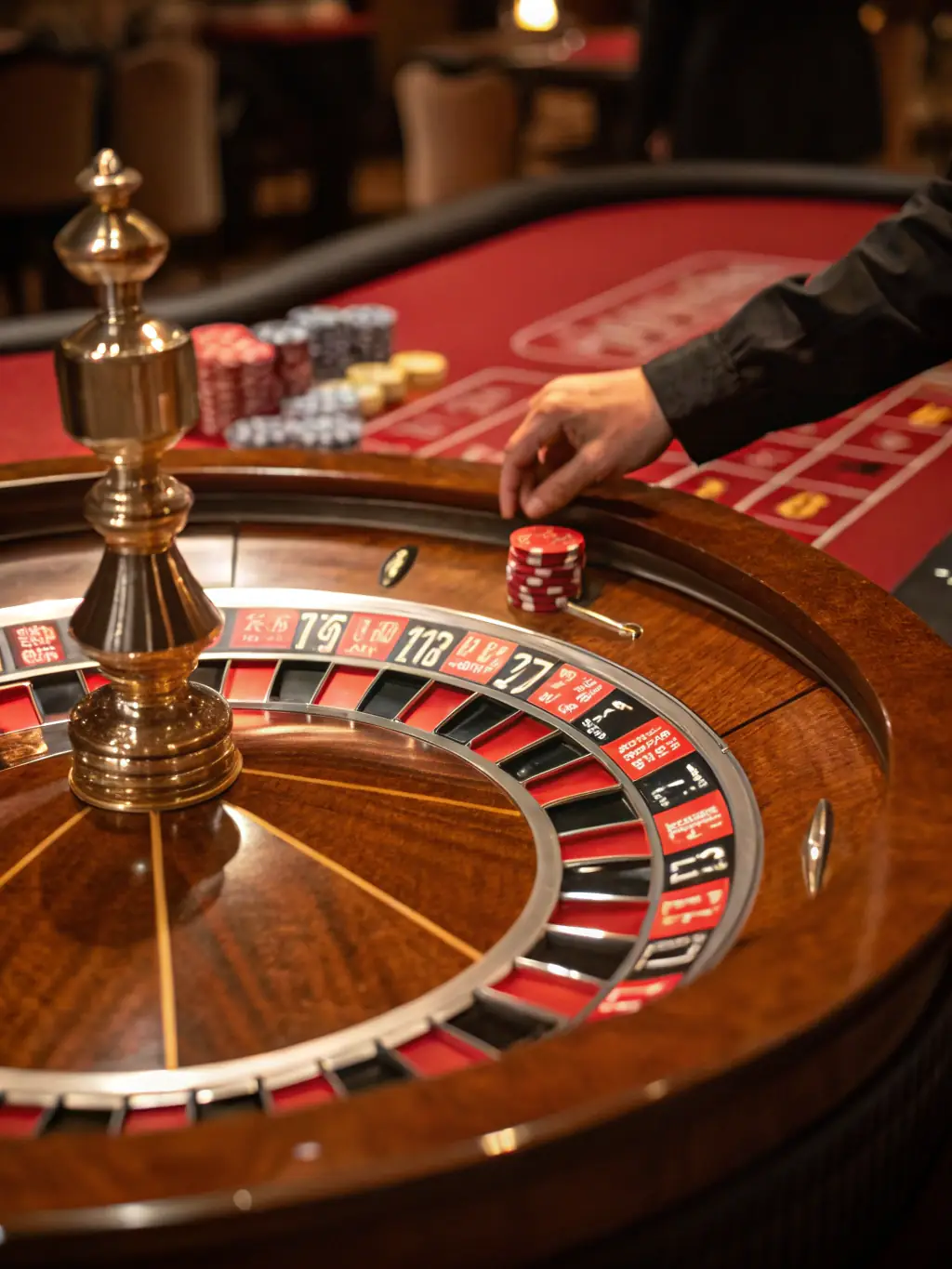 A sophisticated image displaying a roulette wheel in motion at new88 cassino​, surrounded by betting chips and a luxurious casino setting, capturing the anticipation of the game.
