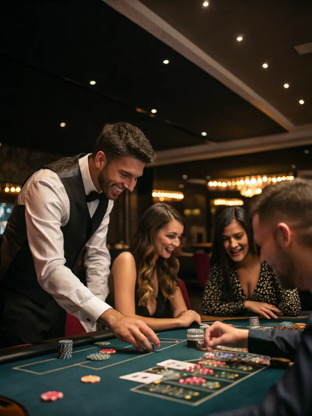 An elegant image depicting a live dealer at a blackjack table in new88 cassino​, with players engaged in the game, creating an atmosphere of real-time excitement and interaction.